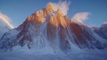 Majestic mountain peak bathed in golden sunrise light, snow-capped photo