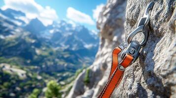 Closeup climbing gear on rock face with mountain view photo