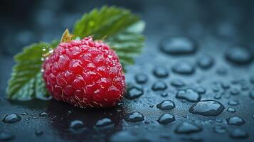 Close-up of a single raspberry with leaves, wet surface photo