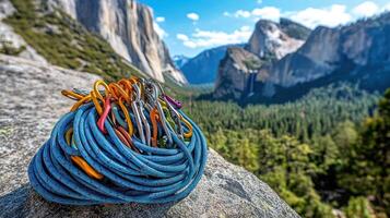 Climbing gear coiled on rock, Yosemite vista photo