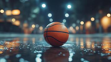 Basketball on wet urban pavement at night photo