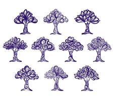 Elegant illustration set of abstract trees with intricate filigree patterns. Includes swirling branches and leaves Perfect for decorative design, nature inspired art, and spiritual or seasonal themes. vector