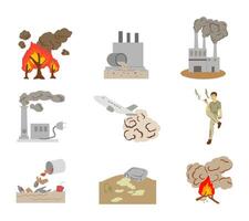 A set of illustrations depicting various types of global industrial pollution, including air, water, and land pollution. Ideal for environmental campaigns, educational content, and eco awareness vector