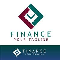 Modern finance logo with interlocking geometric shapes forming a diamond and checkmark symbol. Uses green and maroon colors, ideal for financial services, investment, or fintech branding vector