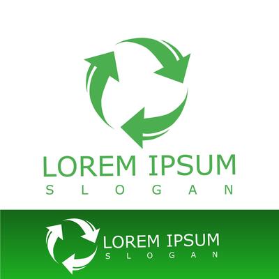 Green circular logo with three rotating arrows forming a recycling symbol, representing sustainability, eco-friendliness, and environmental awareness