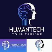 Futuristic tech logo featuring a human head merged with circuit patterns, symbolizing artificial intelligence, innovation, and human-machine integration vector