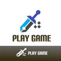 A bold gaming logo featuring a pixelated sword in blue and black with, representing action, adventure, and digital gaming in a modern and dynamic style vector