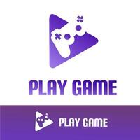 A bold and modern gaming logo with a purple gradient play button and game controller icon, representing games, entertainment, and digital play vector