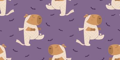 Funny capybara in mummy costume and bats pattern vector