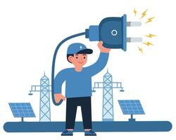 illustration of a smiling electrician holding a giant plug with electricity sparks, surrounded by solar panels and power towers. Clean energy and power concept. vector
