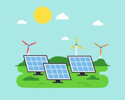 illustration of solar panels and wind turbines on a green field under a sunny sky, symbolizing clean, renewable, and sustainable energy production vector