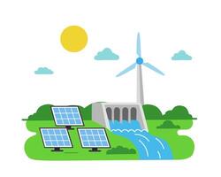 illustration of solar panels, wind turbine, and hydroelectric dam working together in a green landscape, representing clean and sustainable energy source vector
