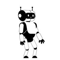 black and white cartoon robot with antennae and friendly face, standing upright on white background. Humanoid futuristic character for tech and AI illustrations vector