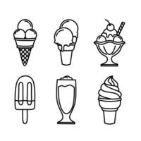 Set of six black and white line art ice cream icons, including cone, popsicle, sundae, milkshake, and soft serve, perfect for dessert or summer-themed designs vector