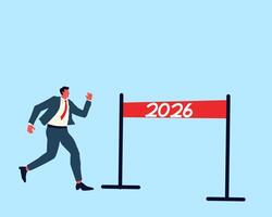 Businessman running toward 2026 finish line, symbolizing new goals, ambition, success, and determination for the future. Minimal flat style illustration vector