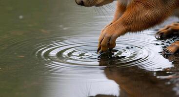 a squirrel is standing in the water and touching its paw to the water photo