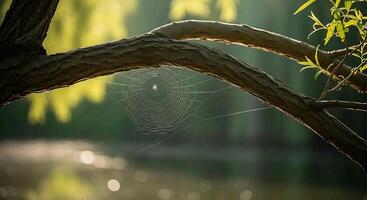 a spider web is hanging from a tree branch photo