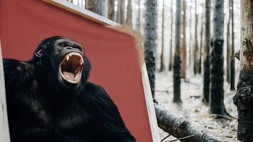 a gorilla is shown in a frame in the woods photo