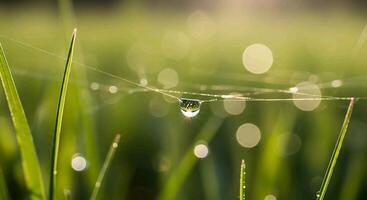 a drop of water sits on a spider web in the grass photo