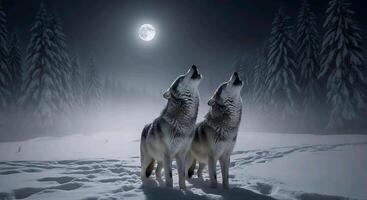 two of wolves howling at the moon in the snow photo