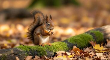 an squirrel is sitting on a log in the fall photo