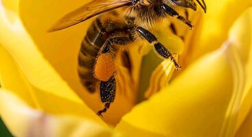 a bee is sitting on the top of a yellow tulip photo