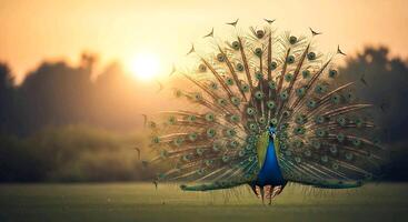 an peacock is standing in the grass with its tail out photo