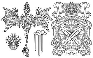 Design set with fantasy illustrations of dragon, swords and decorated elements for tattoo, print, tarot cards. Line art drawings isolated on white. Mystic, epic and adventures concept vector