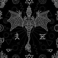 Seamless pattern with fantasy illustrations of dragon, sacred geometry, mystic symbols and decorated elements. Line art background with vintage, epic and adventures concept vector