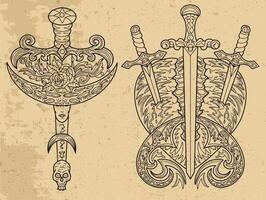 Design set with fantasy illustrations swords of and decorated elements for tattoo, print, tarot cards. Line art drawings. Mystic, epic and adventures concept vector