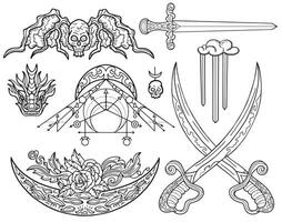 Design set with fantasy illustrations of sword, demons and decorated elements for tattoo, print, tarot cards. Line art drawings isolated on white. Mystic, epic and adventures concept vector