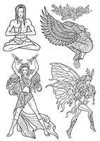 Design set with fantasy characters of angel, warrior, fairy and decorated elements for tattoo, print, tarot cards. Line art drawings isolated on white. Mystic, epic and adventures concept vector