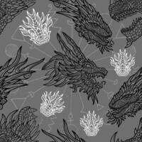 Seamless pattern with fantasy illustrations of dragons and decorated elements. Line art background with mystic, epic and adventures concept vector
