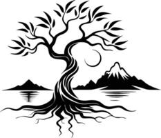 Tree Silhouette with Mountains and Reflections vector