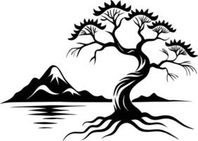 Bonsai Tree and Mountain Landscape Illustration vector