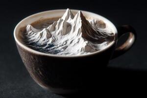 A brown ceramic cup filled with coffee illustrates a surreal mountain landscape emerging from the surface, creating an imaginative blend of beverage and nature art photo