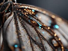 Intricate close-up of a butterfly wing, featuring detailed textures and shimmering beads in blue and gold hues, with harmonious blend of natural patterns and vivid colors photo