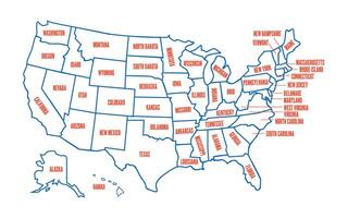 USA Map with Red State Names and Blue Outlines vector
