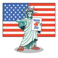 Funny Statue of Liberty Pointing with Sneakers and USA Flag vector