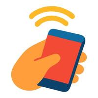 Hand holding a smartphone emitting signal waves, symbolizing communication and technology vector