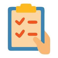Hand holding a clipboard with checkmarks, symbolizing task completion in a bright office setting vector