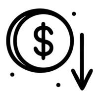 Illustration of a dollar coin with a downward arrow, symbolizing financial decline or loss vector