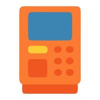 Bright orange vending machine with a blue screen, yellow button, and colorful keypad, set against a plain background vector
