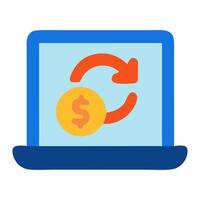 Digital illustration of a laptop displaying a currency exchange symbol with a dollar coin, representing online transactions vector