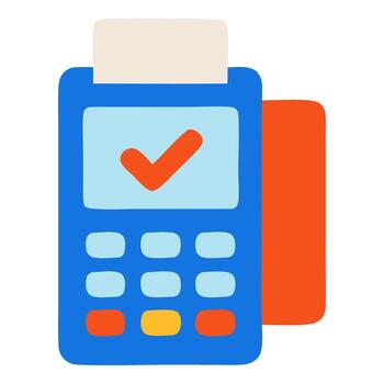 Colorful payment terminal with checkmark indicating successful transaction in a retail setting vector