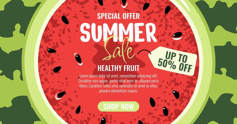 Watermelon Summer Sale Banner, Flat Design Horizontal Template. Fresh Fruit Background for Promotion, Discount Campaign, Marketing Material. Perfect for Social Media, Website, Email Newsletter.
