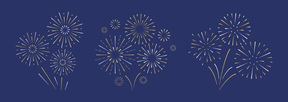 Fireworks on sky background. Set of sparkle icons in white yellow color and flat style. Celebration, winner, New year party, anniversary poster and banner decoration. Simple explosion. vector