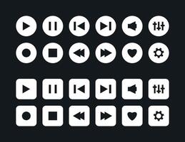 Music player button icon set. Play, pause, next, previous like and settings symbol in black and white color and round square shape. Media interface element. vector