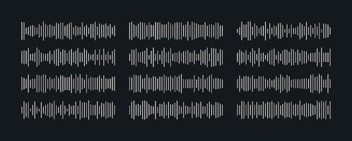 Set of waving, vibration and pulsing lines set. Song radio wave in silver color for music app. Isolated illustration. Media player interface decoration. vector