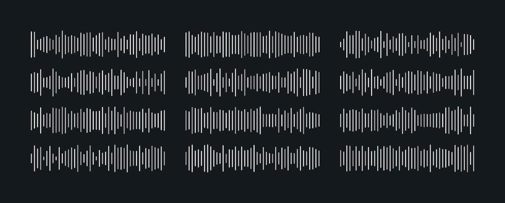 Set of waving, vibration and pulsing lines set. Song radio wave in silver color for music app. Isolated illustration. Media player interface decoration.